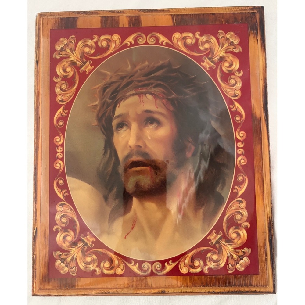 Vintage Jesus Christ Crown of Thorns Wood Wall Plaque Religious Art 10x12 Gloss